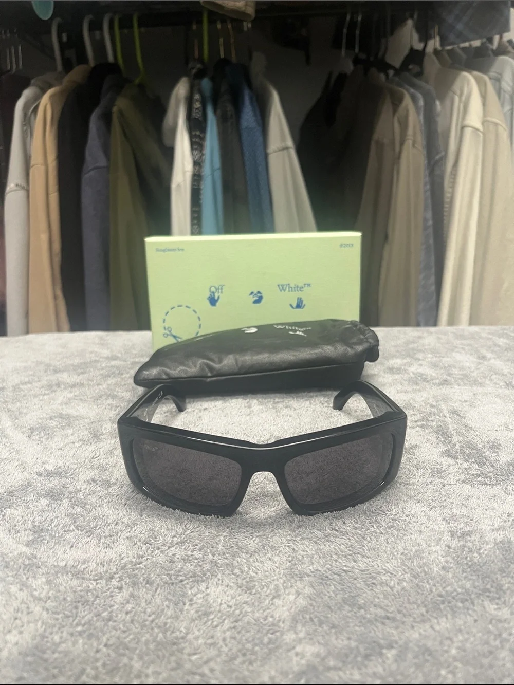Off-White Black Rectangular Sunglasses with Black Soft Pouch and Original Box